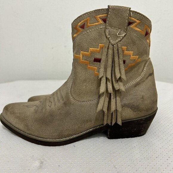 Dingo Southwest Embroidered Fringed Tan Leather Western Ankle Booties Boots Sz 6 - Picture 1 of 9